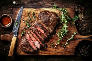 une rustique conception planche présente une Haut vue de une traditionnel américain barbecue bavette steak avec sel et poivre. ai généré photo