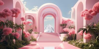 génératif ai, futuriste luxe rose maison entouré par luxuriant verdure photo