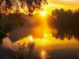 le Soleil monte plus de une rivière dans le Matin ai généré photo