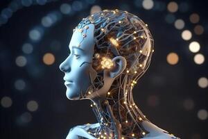 artificiel intelligence, une humanoïde tête avec neural réseau pense. ai robot, cyber fille avec une numérique cerveau est apprentissage à processus gros données. ai généré photo