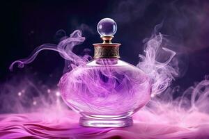 cristal parfum bouteille luxe verre contre une toile de fond de tourbillonnant fumée vague Contexte dans rose violet thème. ai généré photo
