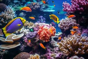 coloré corail sous-marin dans océan avec groupe de coloré poisson et mer animaux. ai généré photo