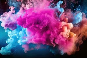 rose bleu embrasé vapeur vague, coloré fumée, et encre l'eau mélanger dans une fantaisie explosion sur foncé noir abstrait art Contexte avec gratuit espace. ai généré photo