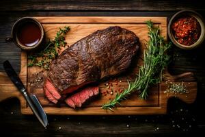 une rustique conception planche présente une Haut vue de une traditionnel américain barbecue bavette steak avec sel et poivre. ai généré photo