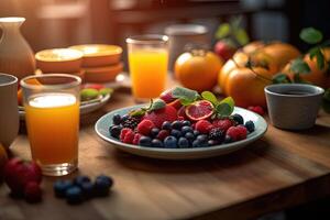 une rafraîchissant mélange de Orange jus et baies avec petit déjeuner salade plat sur le en bois table dans le moderne cuisine. ai généré photo