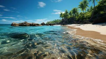 blanc sablonneux plage sur une tropical île et clair mer. paradis isolé île. établi avec génératif ai photo