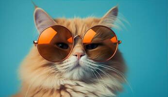 rouge chat dans des lunettes de soleil sur une bleu Contexte. établi avec génératif ai photo