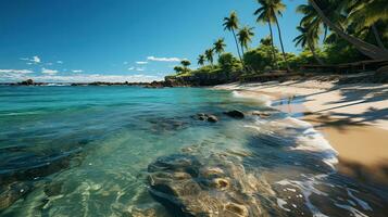 blanc sablonneux plage sur une tropical île et clair mer. paradis isolé île. établi avec génératif ai photo