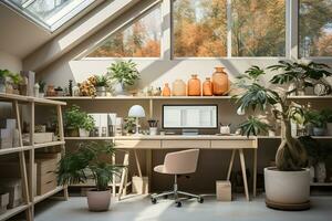 intérieur conception de Accueil Bureau espace avec élégant en bois bureau, magnifique chaise, ordinateur portable, plateaux. établi avec génératif ai photo