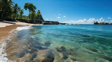 blanc sablonneux plage sur une tropical île et clair mer. paradis isolé île. établi avec génératif ai photo