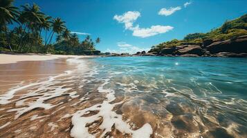 blanc sablonneux plage sur une tropical île et clair mer. paradis isolé île. établi avec génératif ai photo