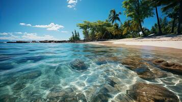 blanc sablonneux plage sur une tropical île et clair mer. paradis isolé île. établi avec génératif ai photo