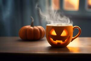 Halloween café citrouille tasse avec une chaud boire, et vapeur une de fête bannière pour une café avec une copie espace. génératif ai. photo