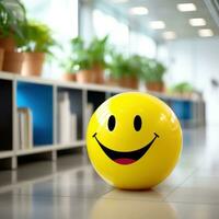 Jaune souriant visage ballon dans le bureau, flou Contexte. génératif ai. photo