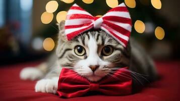 fermer portrait de une mignonne chat dans une rouge Père Noël claus chapeau parmi brûlant lumières sur le Contexte de une hiver neigeux paysage. Nouveau année faire la fête. flocons de neige dans le air. génératif ai. photo