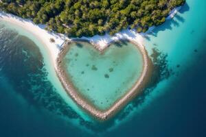 tropical île dans le forme de cœur. aérien voir. 3d illustration. génératif ai. photo