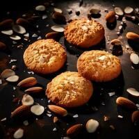 sucré amande biscuits sur noir en bois tableau. noir Contexte. Haut voir. génératif ai. photo