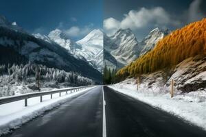 hiver route et des arbres avec neige et Alpes paysage. génératif ai. photo