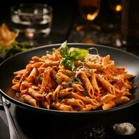 Penne Pâtes avec Vodka tomate sauce et crevette. génératif ai photo