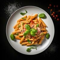 Haut vue italien Penne Pâtes dans crémeux Vodka tomate sauce avec en miettes saucisse et champignons sur le cuisine tableau. génératif ai. photo