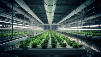 hydroponique intérieur légume plante usine dans exposition espace entrepôt. intérieur de le ferme hydroponique. vert salade cultiver. salade romain croissance dans serre avec LED foudre. génératif ai. photo