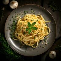 Haut vue spaghetti avec thym, Ail et olive pétrole proche en haut. génératif ai. photo