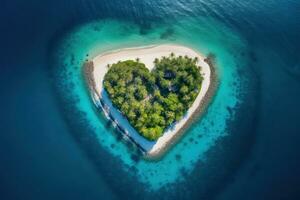 tropical île dans le forme de cœur. aérien voir. 3d illustration. génératif ai. photo