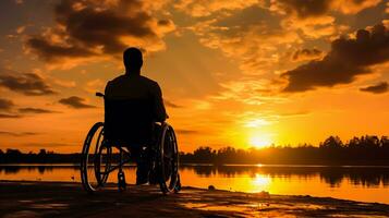 silhouette de désactivée homme sur fauteuil roulant à le plage pendant coucher de soleil, désactiver journée photo