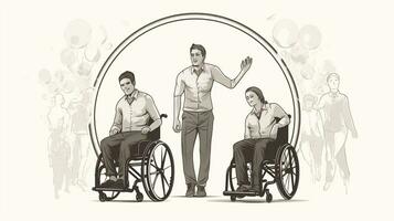 une illustration Jeune homme dans une fauteuil roulant avec le sien famille. photo