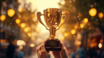 trophée tasse avec or confettis en volant autour les gens mains en portant il en haut photo