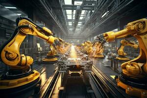 industriel soudage robotique bras dans production ligne fabrication usine, automatique robot bras Assemblée ligne fabrication photo