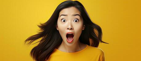 asiatique femme souriant avec excitation exprimer joie et mettant en valeur une produit avec expressif faciale expressions isolé sur Jaune Contexte photo