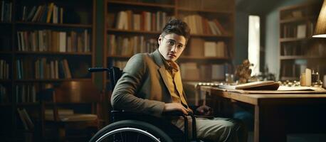 désactivée étudiant dans fauteuil roulant en train d'étudier dans bibliothèque choisir livres copie espace photo