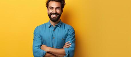 une souriant homme dans une bleu chemise avec une barbe permanent seul sur une Jaune Orange mur Contexte mode de vie concept copie espace disponible il est en portant le sien h photo