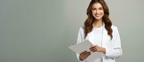 souriant femme dans blanc manteau en portant les documents et permanent avec bras franchi dans affaires concept studio photo