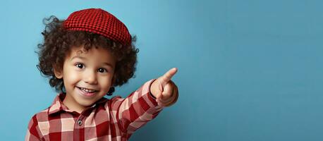 content Jeune garçon avec frisé cheveux montrer du doigt en haut portant une rouge à carreaux chemise isolé sur une bleu Contexte dans une studio portrait photo