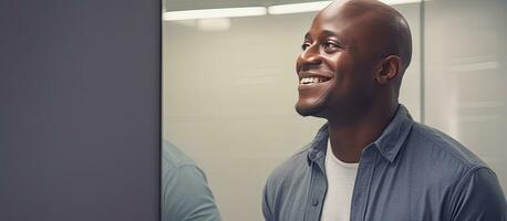 africain homme à la recherche à le sien réflexion dans une salle de bains miroir avec une sourire photo