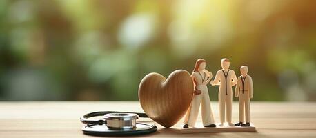 petit en bois Les figures de maman papa et enfant sur une médecin s table avec une stéthoscope famille santé se soucier et ordinaire vérification concept flou Contexte pour moi photo