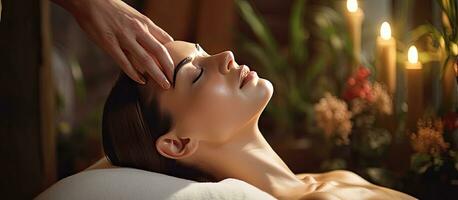 femme reçoit thaïlandais tête massage à spa confortable ambiance tranquille réglage espace pour texte photo
