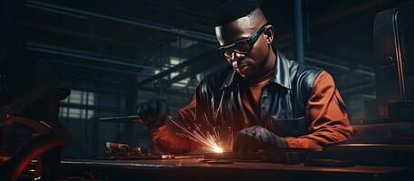 un africain américain ingénieur sélectionne cuivre tube tandis que travail dans une liquide de refroidissement usine avec copie espace disponible photo