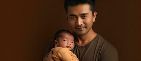 asiatique Indien père avec nouveau née bébé soins de santé et garderie Célibataire papa père s journée concept photo