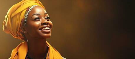 souriant africain femme à la recherche une façon à Vide zone dans image photo