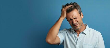 indisposé homme avec fièvre et grippe émouvant tête et permanent dans blanc t chemise sur bleu Contexte représente maladie et migraine symptôme photo