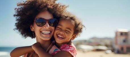 content noir mère et fille en jouant sur plage avec pièce pour texte sœur donne ferroutage balade à peu fille par le rive charmant enfant câlins sa maman photo