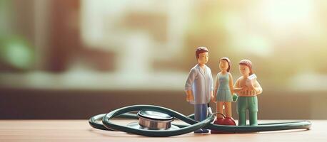 petit en bois Les figures de maman papa et enfant sur une médecin s table avec une stéthoscope famille santé se soucier et ordinaire vérification concept flou Contexte pour moi photo