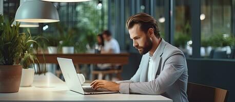 attrayant homme d'affaire en utilisant portable à bureau dans moderne Bureau dactylographie sur clavier photo