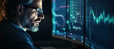 concentré Commerçant portant des lunettes à la recherche à Stock marché graphiques sur ordinateur écran travail en retard nuit homme en cours d'analyse crypto-monnaie marché proche en haut sur œil photo