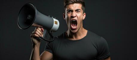 Beau Jeune homme gagne le journée avec une mégaphone photo