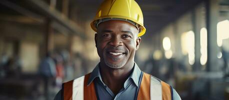 souriant construction ouvrier à bâtiment site photo