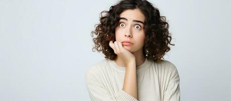 Jeune femme à la recherche une façon dans confusion avec blanc Contexte photo